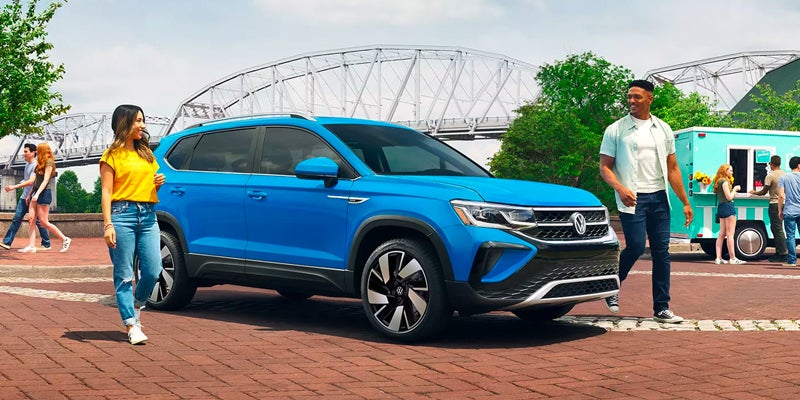 Volkswagen SUVs parked near South Congress in Austin TX, showcasing Tiguan, Atlas, and Taos models